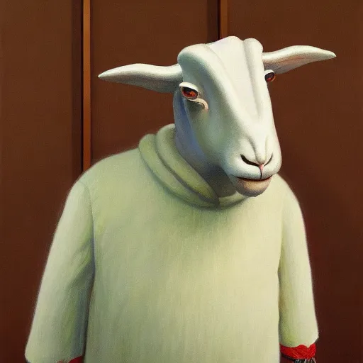 Prompt: Portrait of mr. Sheep wearing a business suit , very coherent, painted by Edward Hopper, Wayne Barlowe, painted by James Gilleard, airbrush, art by JamesJean