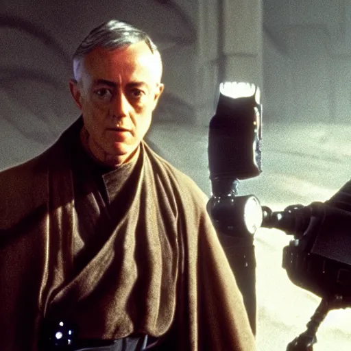 Prompt: film still of young alec guiness as a jedi in new star wars movie, he is talking to a golden droid, dramatic lighting, highley detailled face, kodak film, wide angle shot, photorealistic