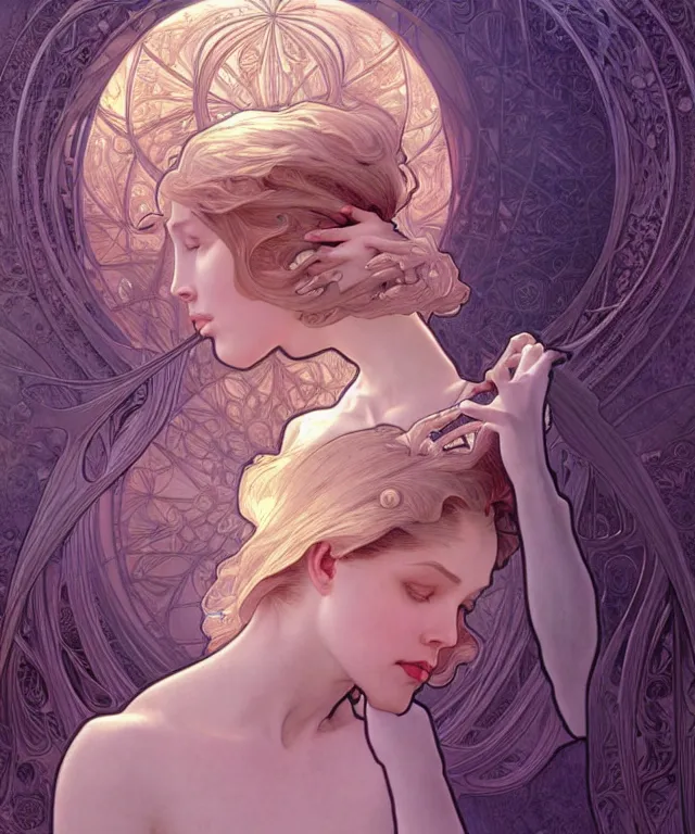 Prompt: beatiful woman looking at her self in a mirror and is seeing an angelic version of her self, dark surrealism , scifi, intricate, elegant, highly detailed, artstation, concept art, smooth, sharp focus, illustration, art by artgerm and moebius and alphonse mucha