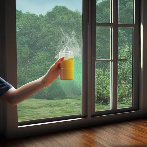 Prompt: 3 d rendered image of a hand opening window, fresh air blender 3 d keyshot unreal engine