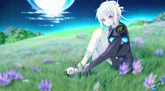 Prompt: white haired anime girl sitting in a field of Ghibli Clover | Big Moon at Blue Night | bioluminescent blue FLOWERS | strong blue rimlit | visual-key | anime illustration | highly detailed High resolution | Light Novel | Visual Novel | Gosick