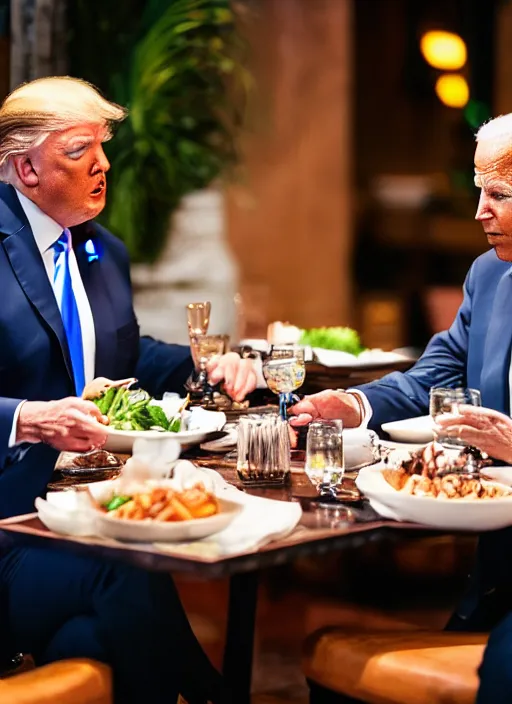 Image similar to Trump and Biden having dinner at a fancy Balinese restaurant, award winning photography, sigma 85mm Lens F/1.4, blurred background, perfect faces