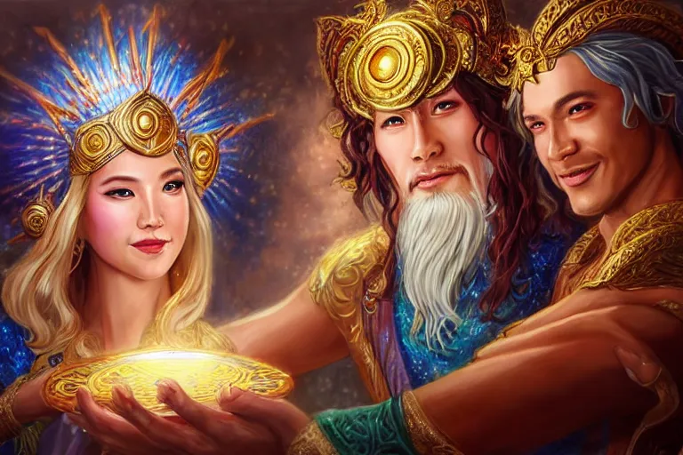 Image similar to close up moment of a divine a sun god and a moon goddess lovers magician at a wedding banquet, highly detailed, d & d, fantasy, highly detailed, digital painting, trending on artstation, concept art, sharp focus, asian feature, illustration, art by artgerm and daniel gerhartz and magali villeneuve