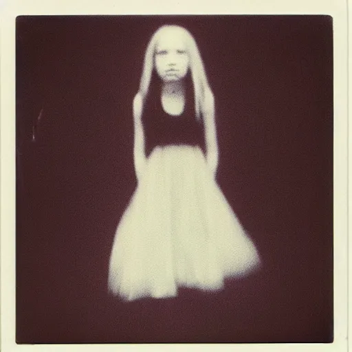 Prompt: a polaroid picture of a pale girl's spirit who doesn't know she's dead, corrupted photo, dreaded black dress, polaroid picture taken by gammell - horror masters - autocore