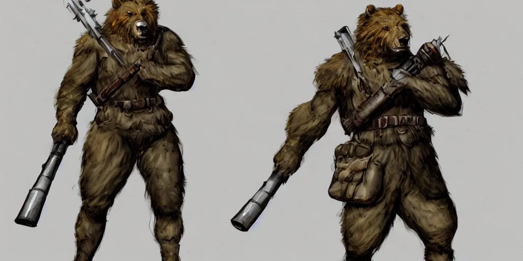 Prompt: concept art of a high fantasy ww1 bear beast-man soldier using a bazooka trending on artstation, detailed high resolution