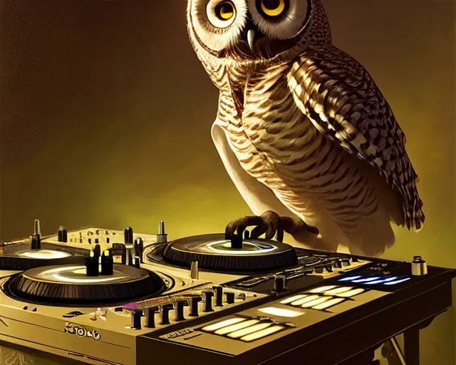 Image similar to anthropomorphic dj owl mixing on stage, diffuse lighting, fantasy, intricate, elegant, highly detailed, lifelike, photorealistic, digital painting, artstation, illustration, concept art, smooth, sharp focus, art by john collier and albert aublet and krenz cushart and artem demura and alphonse mucha