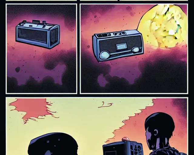 Image similar to three panels from a cell shaded comic book showing a big fat boombox, in front of a big moon, illustration, wide shot, muted colors, post grunge, concept art by josan gonzales and wlop, david rubin, mike mignola, laurie greasley, highly detailed, sharp focus, trending on artstation, hq, deviantart, art by artgem