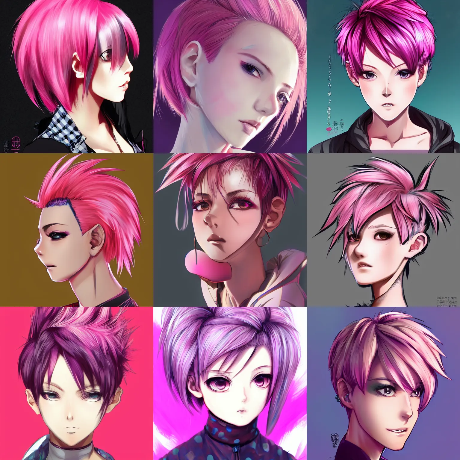 Prompt: full headshot portrait of anime woman with pink pixie cut mohawk, digital art, drawn by WLOP, by Avetetsuya Studios, anime manga panel, trending on artstation, surrounded by magic, wearing a plaid shirt