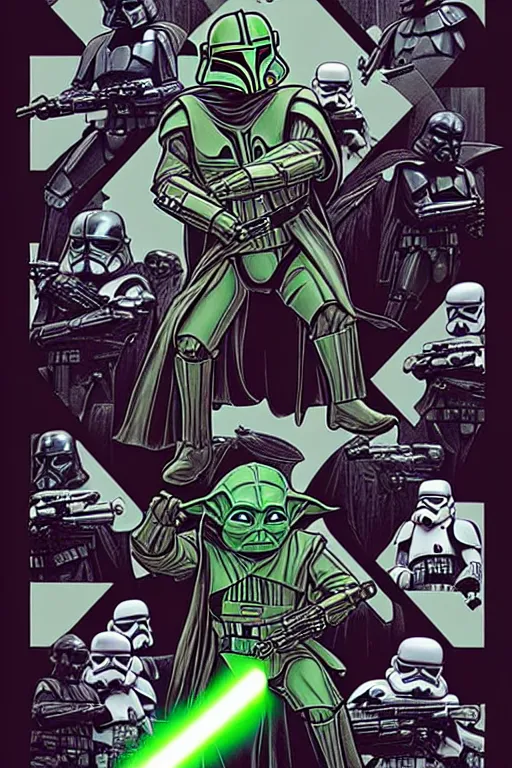 Image similar to platonic ideal of the mandalorian, baby yoda, stormtroopers, darth vader wearing a long flowing cape, action pose, intricate, volumetric lighting, moebius, geof darrow, frank miller, dan mumford, comic poster,