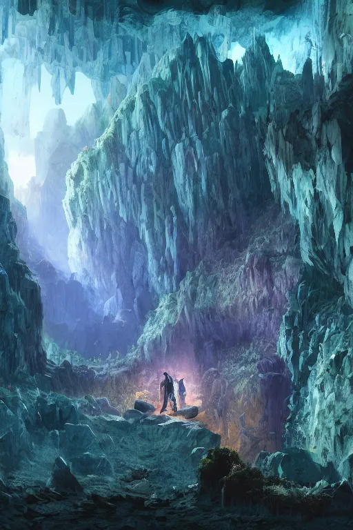 Image similar to beautiful crystal geode in a cavern, landscape, alex ross, eddie mendoza, raphael lacoste, sebastian ludke, concept art, matte painting, highly detailed, rule of thirds, dynamic lighting, cinematic, detailed, magnificiant landscape, denoised, centerd