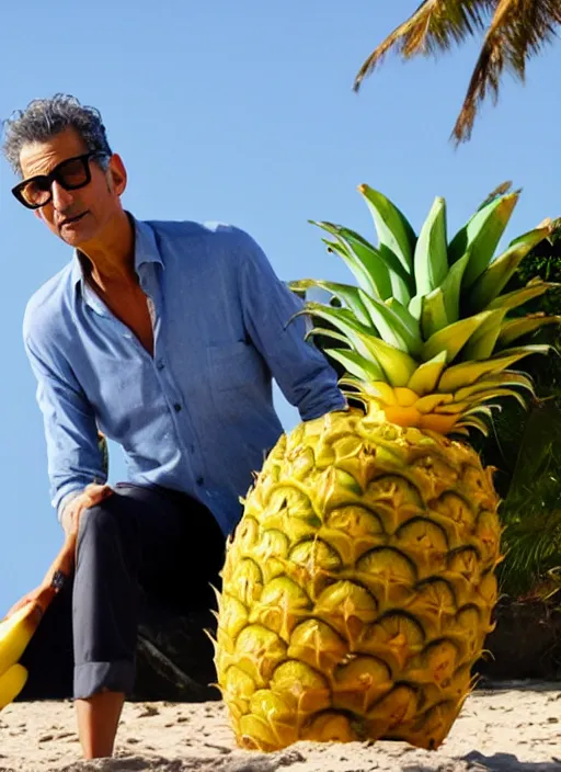 Image similar to jeff goldblum playing maraca pineapple as a banana on the beach