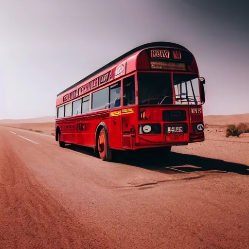 Image similar to photo of a red bus in desert, mad max fury road style, dynamic, fast moving