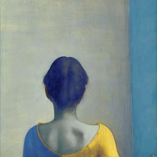 Image similar to close up of a girl in a blue and gold haunted liminal abandoned room, film still by edward hopper, by Pontormo, by klimt, art noveau, highly detailed, strong lights, liminal, eerie, Bright pastel colors