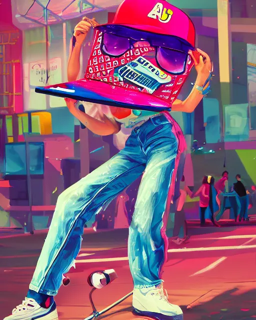 Image similar to a skater girl wearing a baseball cap holding a boombox in her right hand. paint splashes, outrun, vaporware, shaded flat illustration, digital art, trending on artstation, highly detailed, fine detail, intricate