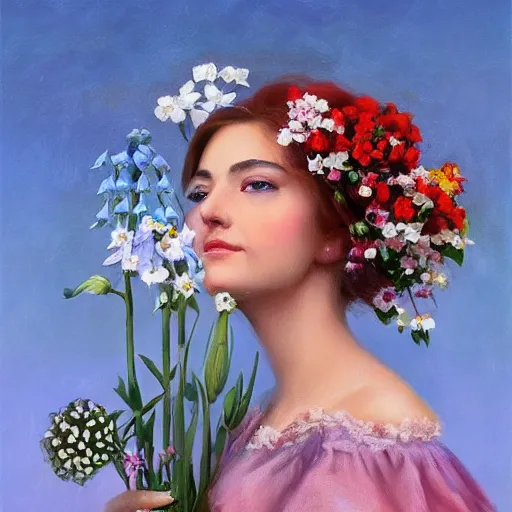 Image similar to a portrait of a romantic woman with flowers grow out of hair, roses peonies forget-me-nots dahlias lupins gladioli, sky theme in background, by Alexandr Averin, Digital Art, Trending on artstation