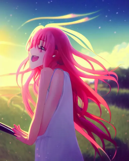 Image similar to anime style, vivid, full body, a cute girl with white skin and long pink wavy hair singing a song, heavenly, stunning, realistic light and shadow effects, happy, centered, landscape shot, happy, simple background, studio ghibly makoto shinkai yuji yamaguchi