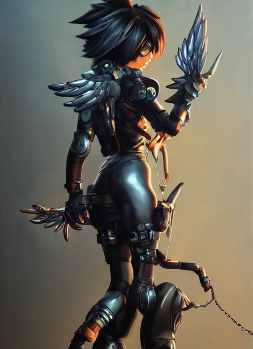 Prompt: full body artwork of tracer overwatch, wearing leather outfit, in style of zdzisław beksinski, angel wings, dramatic painting, wearing detailed steel collar, black shiny armor, chains, black harness, detailed face and eyes,