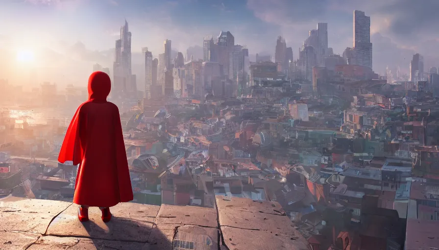 Image similar to kid with red superhero cape sitting on the edge of the roof of a building watching sunrise on the city, hyperdetailed, artstation, cgsociety, 8 k