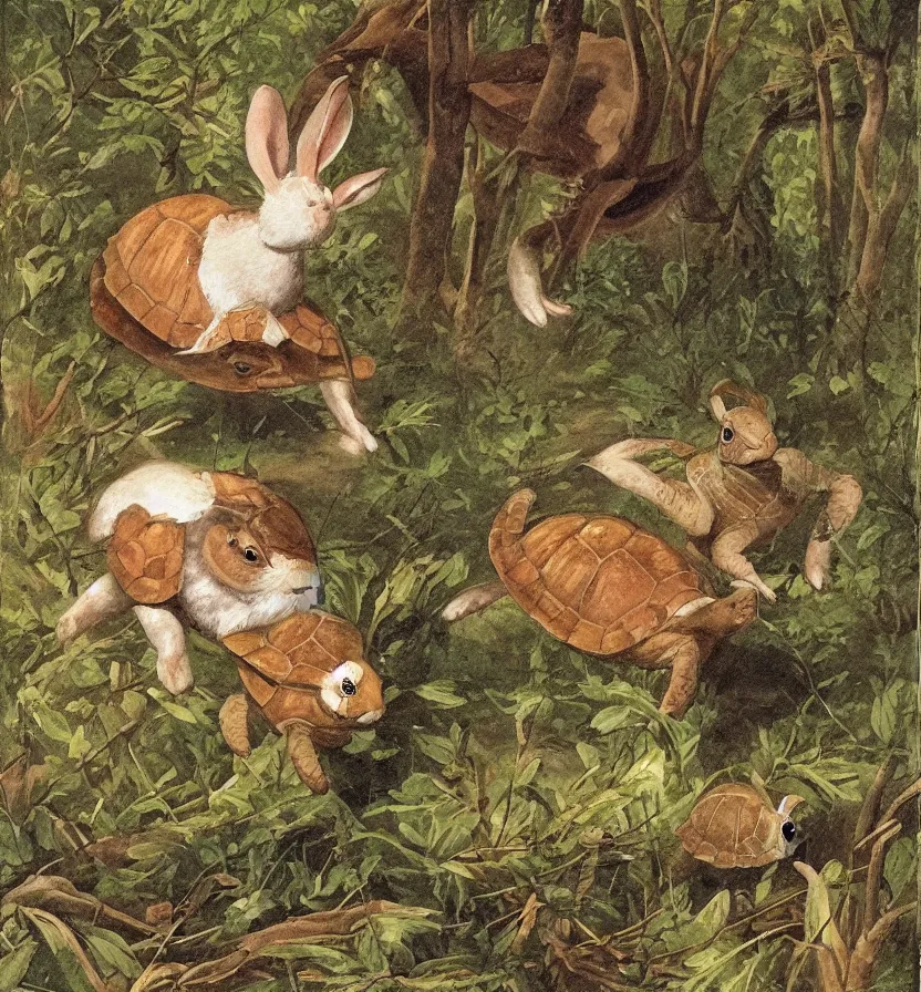 Image similar to a beautiful portrait of a rabbit and a turtle competing athletes running in a forest, beksinskil