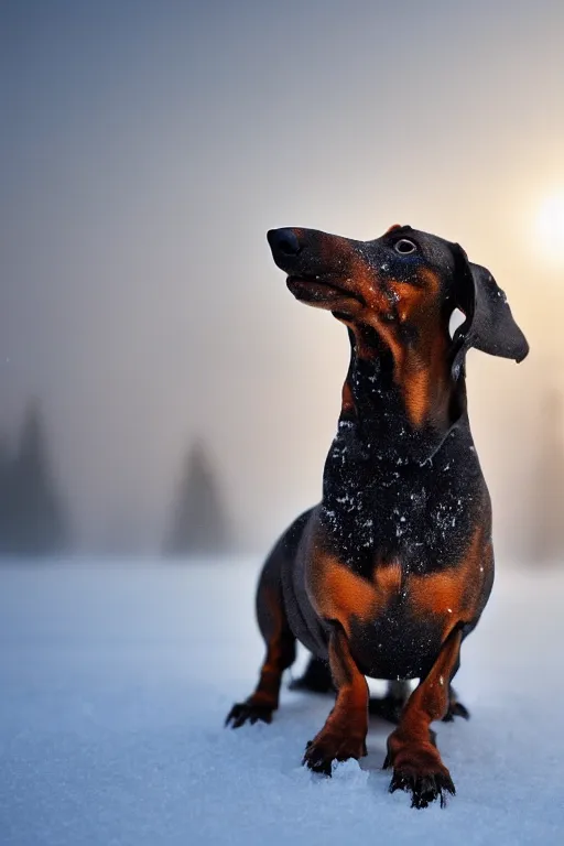 Prompt: beautiful photo of a dachshund playing in a snow forest in the early hours of the morning with morning fog and snow. sunrise. nature. photography. national geographic. detailed face and fur, ultra hd, sharp. volumetric lighting, hasselblad. nikon z 9. 1 0 0 mm. f / 2. 5