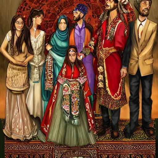 Image similar to kurdish wedding, highly detailed, digital painting, artstation, award winning art, sharp focus, incredibly strong and tall
