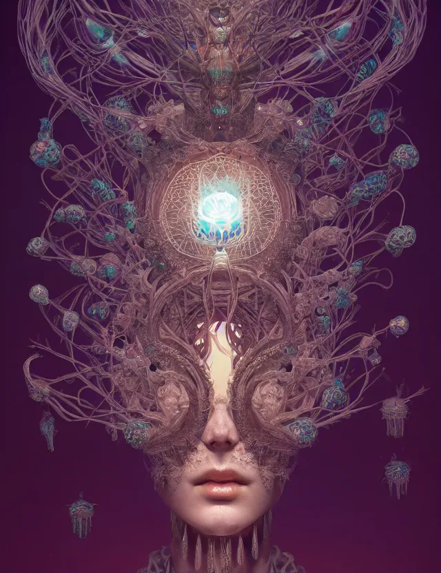 Prompt: symmetrical, centered, goddess close-up portrait wigh crown made of skulls. phoenix betta fish, phoenix, bioluminiscent creature, super intricate ornaments artwork by Tooth Wu and wlop and beeple and greg rutkowski