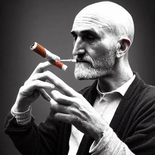 Image similar to very accurate photo, very coherent image, hyper realistic photo of a man holding a cigarette in a hand, by Omar Reda, Tim Booth, award-winning shot