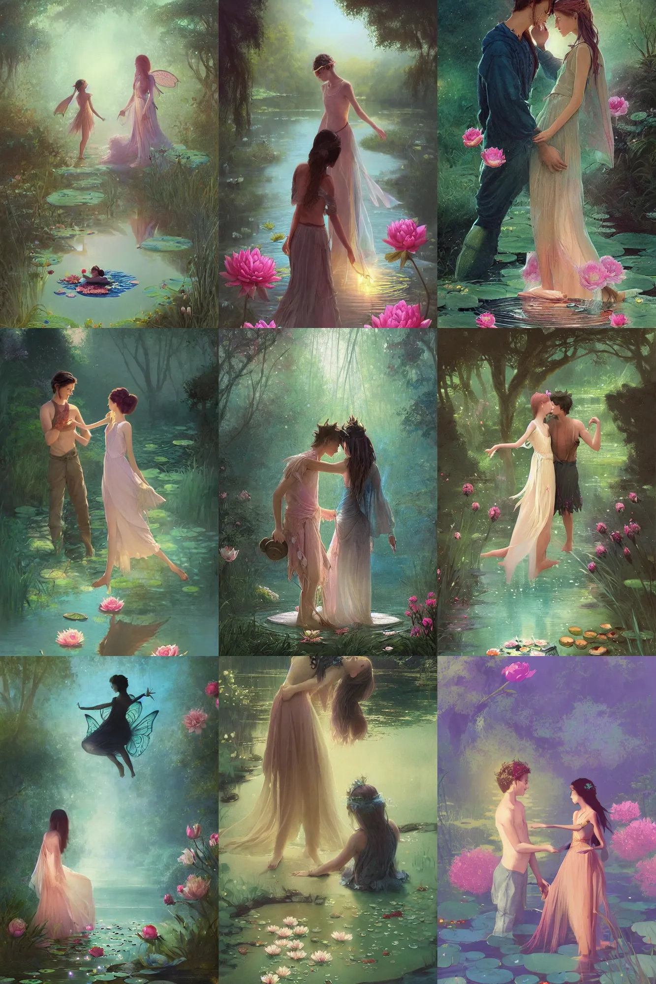 Prompt: a fairy cinematic boy girl traditional romance moment of a friends down by the lily pad pond wearing boho clothing and peonies, silhouette, Minimal Movie Posters, fantasy magic, art masterpiece by Greg Rutkowski, Gaston Bussiere, craig mullins, #wip #illustration #illustradraw #illustrator #vector #colors #colorschemes