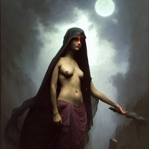 Image similar to awe-inspiring award-winning concept art painting of attractive figure in black shrouds as the goddess of the moonbow, rainbow, by Michael Whelan, William Adolphe Bouguereau, John Williams Waterhouse, and Donato Giancola, cyberpunk, extremely moody lighting, glowing light and shadow, atmospheric, shadowy, cinematic, 8K,