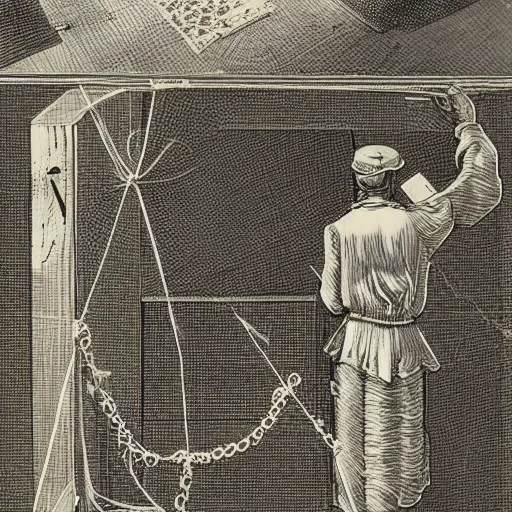 Prompt: the death of free research and. onto paying financiers, etching, laid paper, paper which has been made in a wire mould of mesh intersecting at right angles and thus leaving its mark in the form of chain lines on the paper surface. this was the standard method of manufacture for older, hand - made papers.