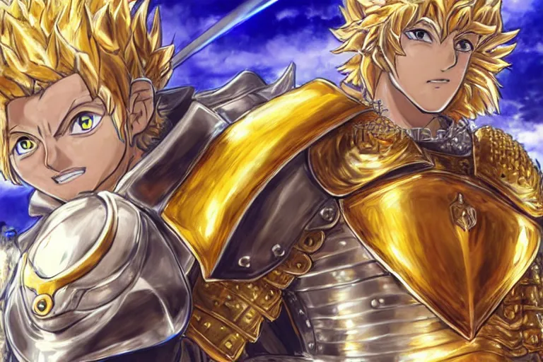 Prompt: an ultra detailed portrait of king richard the lionhearted as a paladin shonen anime protagonist charging into battle wearing bright gold armor and huge flaming longsword blessed by god, epic anime fantasy, 8 k, volumetric lighting, smooth, highly detailed, digital illustration, art by kentaro miura and akira toriyama and artgerm