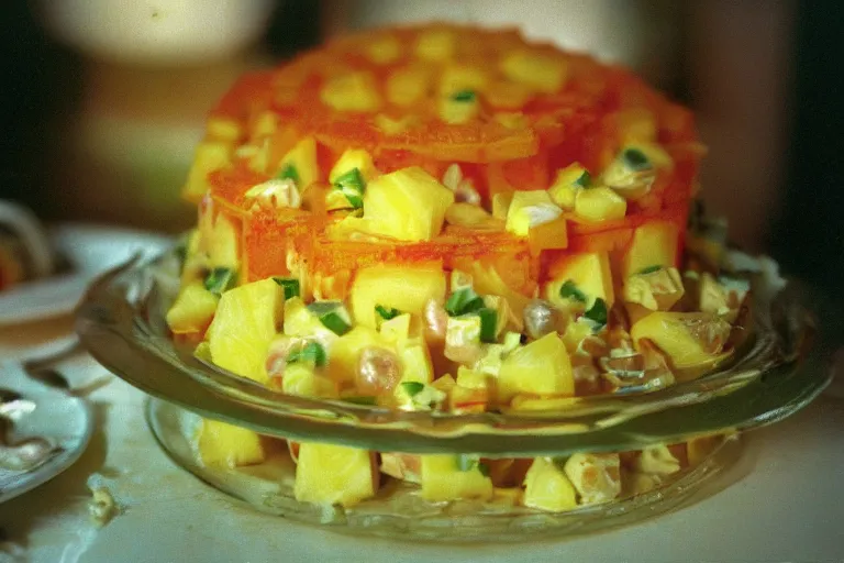 Prompt: pineapple and egg - salad aspic, in 1 9 9 5, y 2 k cybercore, industrial low - light photography, still from a ridley scott movie