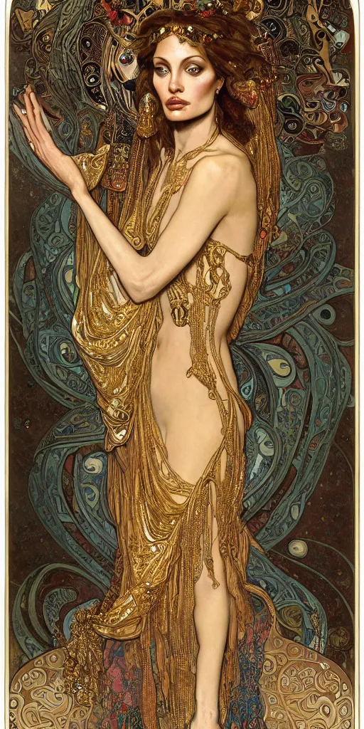 Image similar to realistic detailed dramatic portrait of Anglina Jolie as Salome dancing, wearing an elaborate jeweled gown, by Alphonse Mucha and Gustav Klimt, gilded details, intricate spirals, coiled realistic serpents, Neo-Gothic, gothic, Art Nouveau, ornate medieval religious icon, long dark flowing hair spreading around her