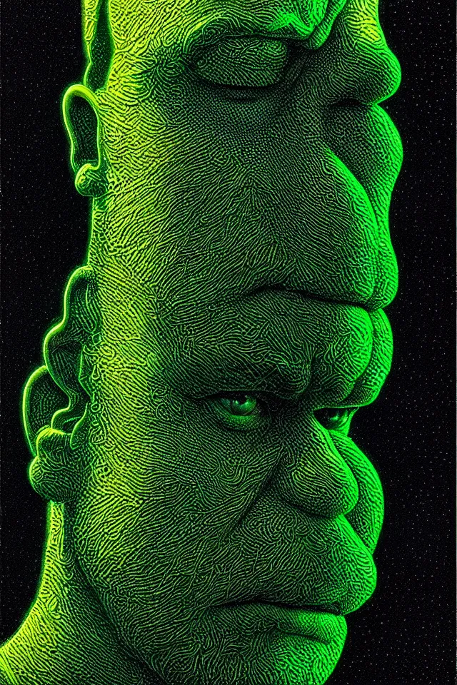 Image similar to bizarre green blacklight detailed renaissance portrait of homer simpson as a highly detailed realistic real life, dramatic cinematic lighting, 8 k, beautiful intricate painting by james r eads and tomasz alen kopera