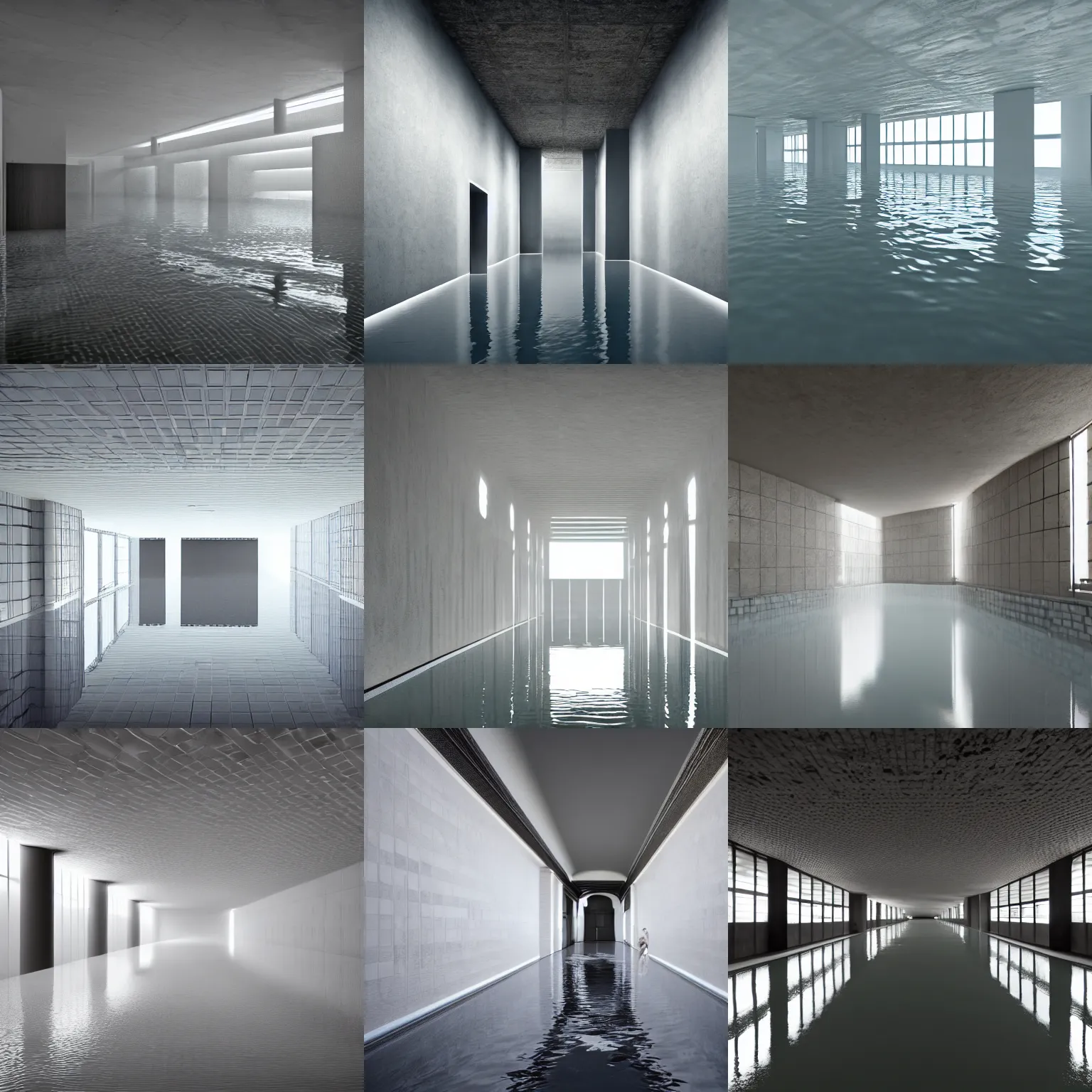 Prompt: photo of a vast interior space of irregular rooms and corridors, bizarre architecture. ceramic white tiles on all the walls. the floor is flooded with one meter deep water. eerie, volumetric lighting