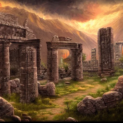 Image similar to ancient ruins in the tundra, retrowave epic art, trending on art station