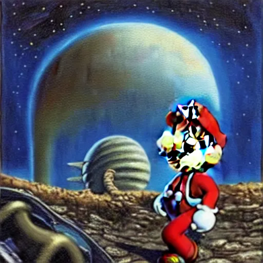 Prompt: old mario walking on an alien planet, painting by h. r. giger