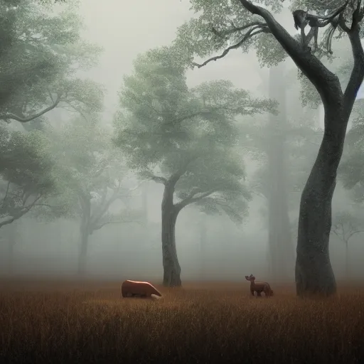 Prompt: a photorealistic 3d artwork of a moody forest with wide century old oaks, in the center amidst mist stands a brown aggressive centaur, 8K image, trending on artstation, award winning, octane render, hard edges, realism, by Sachin Teng