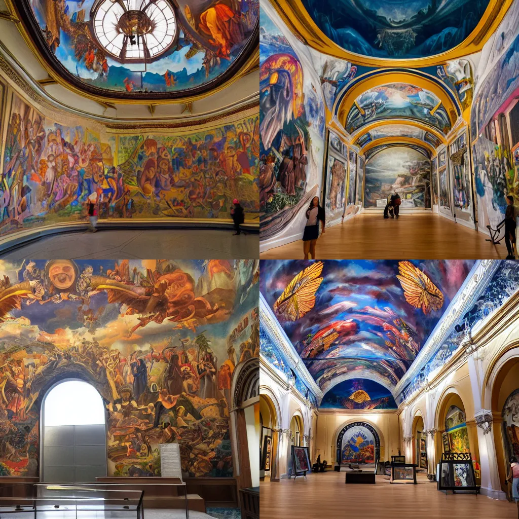 Prompt: a beautiful museum full of gigantic murals all over the walls and ceilings