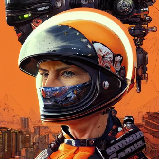 Image similar to a portrait of a monster, in an orange racing helmet by sandra chevrier, detailed render, epic composition, cybernetics, 4 k realistic, cryengine, realistic shaded lighting, sharp focus, masterpiece, by matteo scalera, gary montalbano, peter elson in the style of the tokyo ghost comic