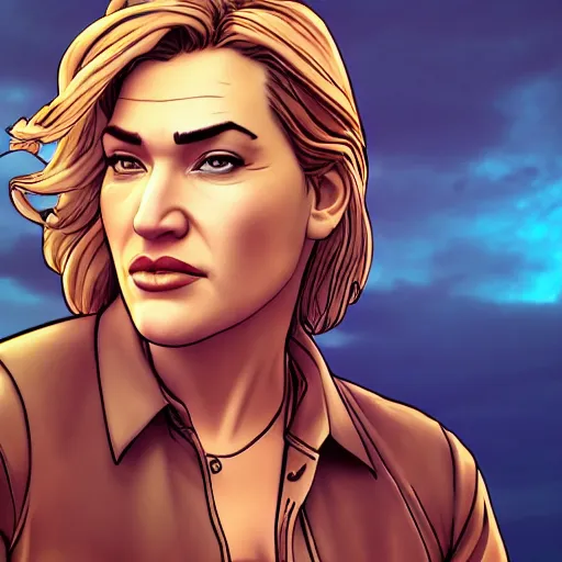 Image similar to kate winslet portrait, borderlands, tales from the borderlands, the wolf among us, comic, cinematic lighting, studio quality, 8 k