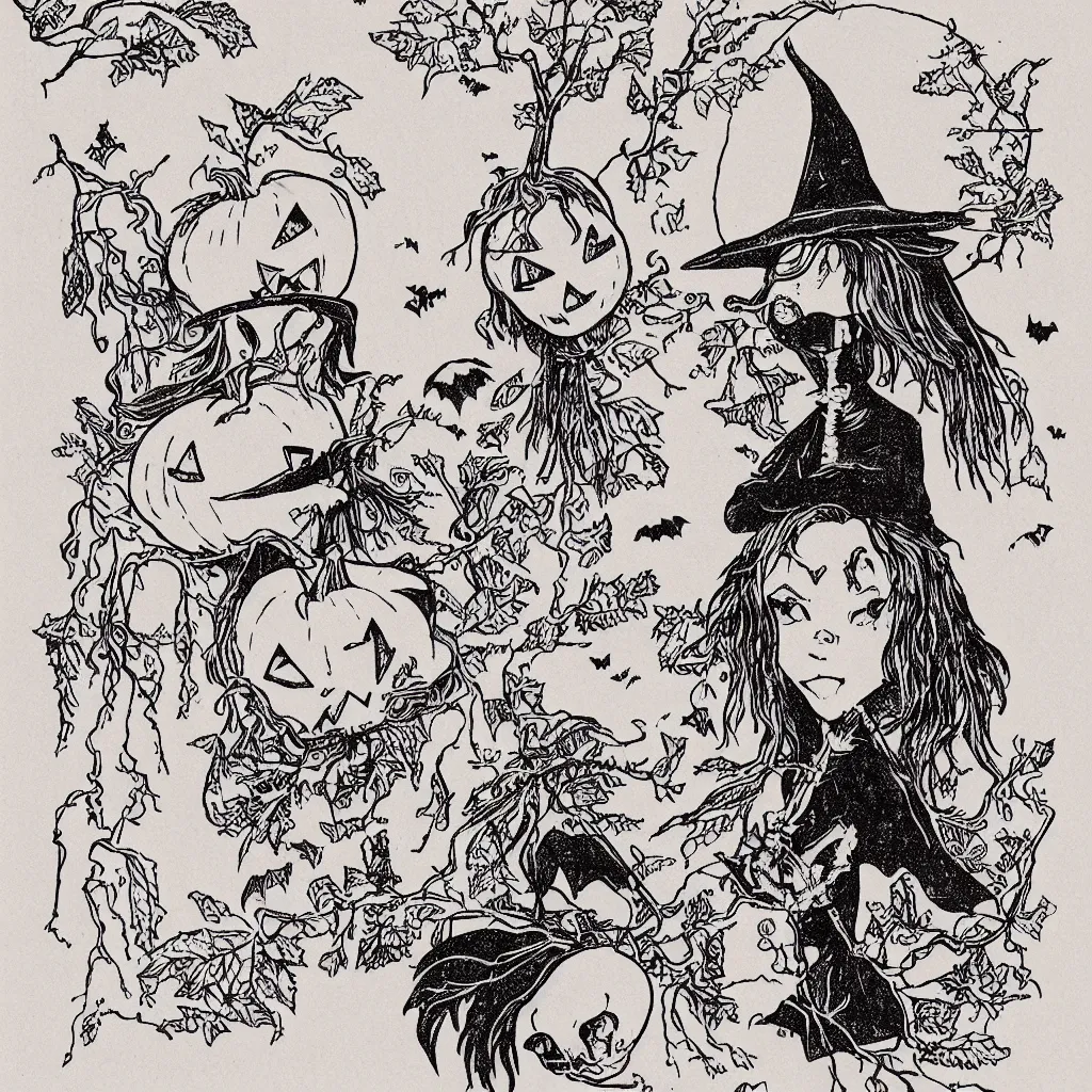 Image similar to risograph of a halloween witch, cute, minimalist,