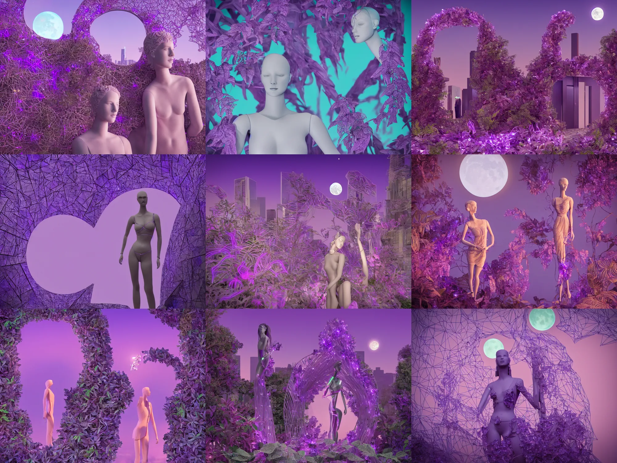 Prompt: beautiful mannequin sculpted out of amethyst by billelis + lit with 3 d geometric neon + facing a doorway opening with neon pink geometric fractal light + flowering hosta plants!!!, moon + city of los angeles in background!! dramatic, rule of thirds, award winning, 4 k, trending on artstation, photorealistic, volumetric lighting, octane render