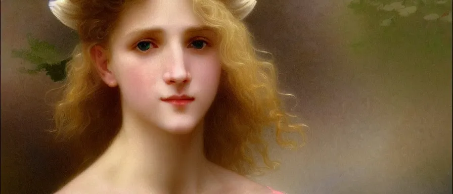 Prompt: A pale blond androgynous young man Lucius, fluffy light long blond curly hair. Gentle opal eyes. Smiling. Happy. Cheerful. Art by william adolphe bouguereau. Extremely detailed. Beautiful. 4K. Award winning.