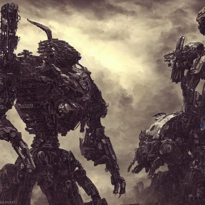 Image similar to human next to mech - warrior, hyper - detailed, sharp focus, 4 k ultra hd, fantasy dark art, apocalyptic art