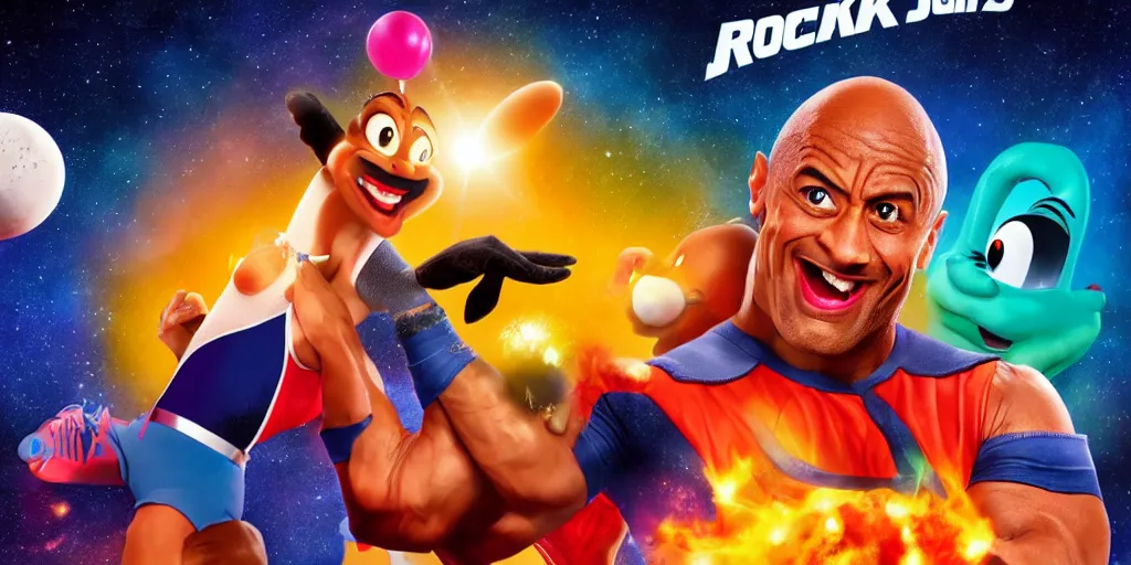 Image similar to the rock in space jam 2 as a realistic looney tune film poster 32k, film render,cinematic high resolution 100k
