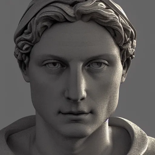 Image similar to a 3 d render of the head of david statue by michelangelo with a neon ring around the head