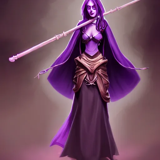 Prompt: a woman in a purple dress holding a staff and dark magic, magical concept art, artstation contest winner, fantasy art, dark and mysterious, artstation hd, detailed, 8 k, digital art