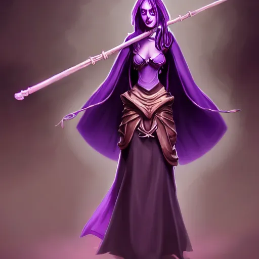 Image similar to a woman in a purple dress holding a staff and dark magic, magical concept art, artstation contest winner, fantasy art, dark and mysterious, artstation hd, detailed, 8 k, digital art