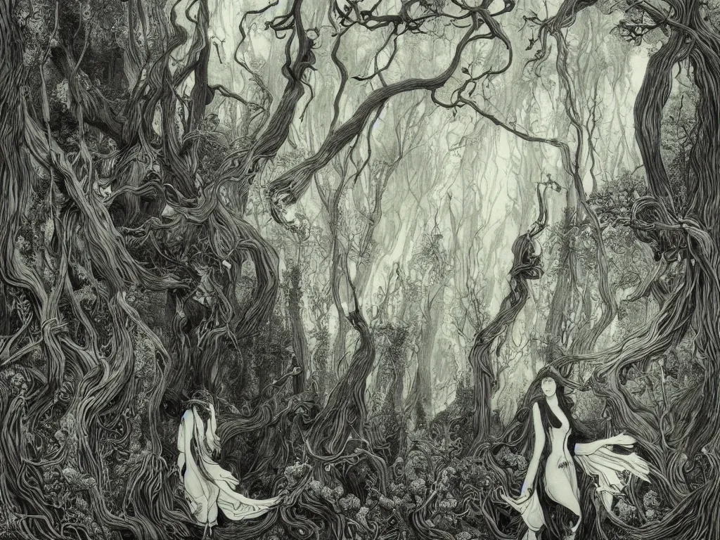 Image similar to illustration forest, artstation, by aubrey beardsley, by caspar david friedrich, by laurie lipton, by kay nielsen, by ivan shishkin, calligraphy, divine, paradox, mycelium, as symbol of soul - journey!, terrifying wilderness, witchcraft!, hope